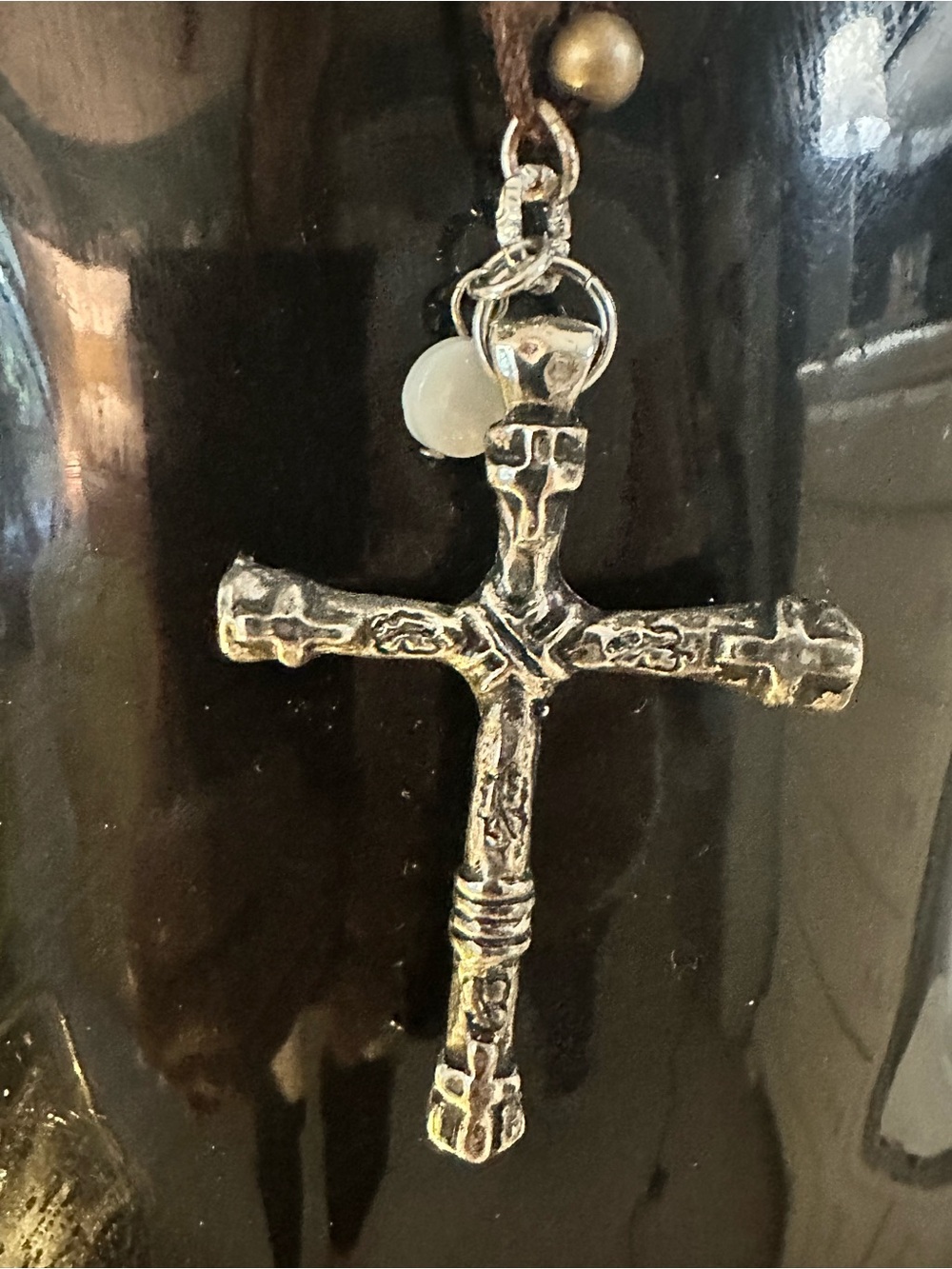 Silver Cross Necklace with Mother-of-Pearl Beads - Picture 2 of 3